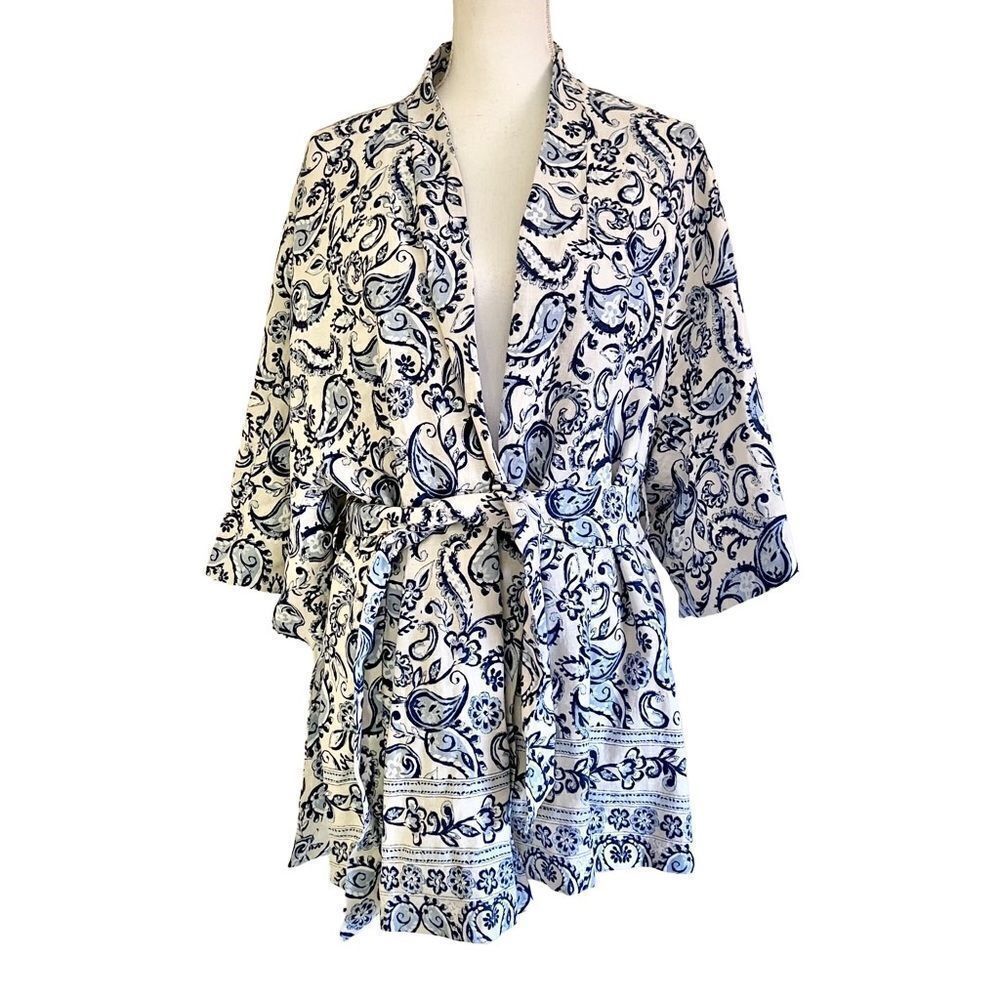 Zara Linen Blend Printed Kimono Medium - Large Blue White NWT